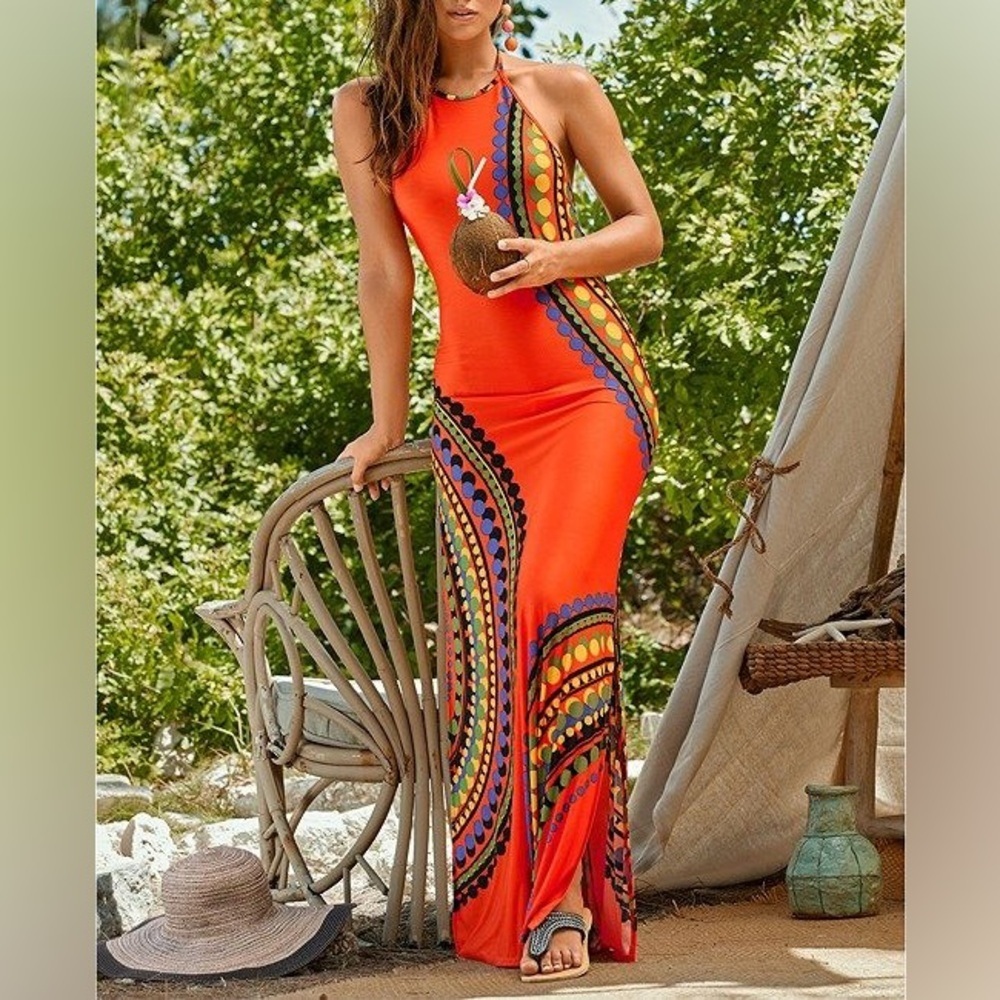 VENUS Vibrant Orange Halter Maxi Dress with Colorful Geometric Print SIZE L